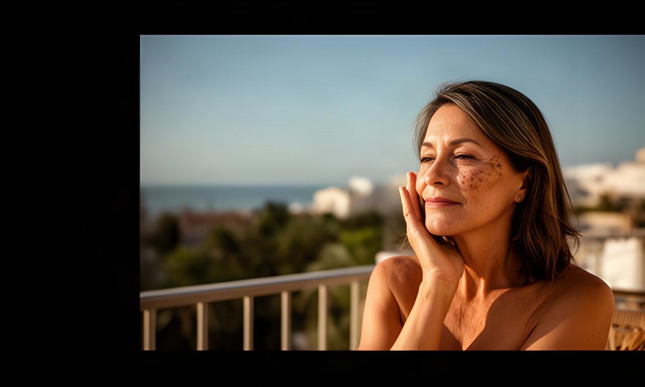 Mujer de 45 años en una terraza mediterránea, cubriendo suavemente una mejilla con manchas y expresión serena
