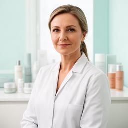 Profesional de dermofarmacia en una consulta luminosa con materiales de cosmética clínica
